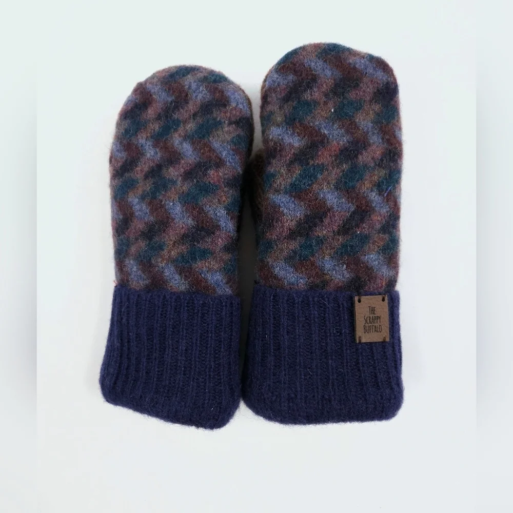 Upcycled Navy Blue and Brown Big Kids Wool Mittens Sherpa Lining Children's